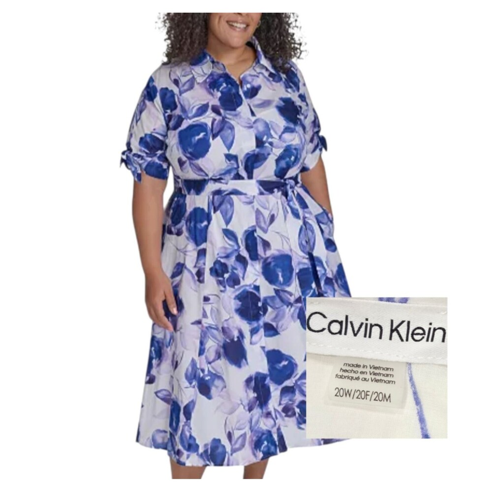 Calvin Klein Plus Size 20W Cotton Shirt Dress Lined Tie-Waist Opal Multi Floral